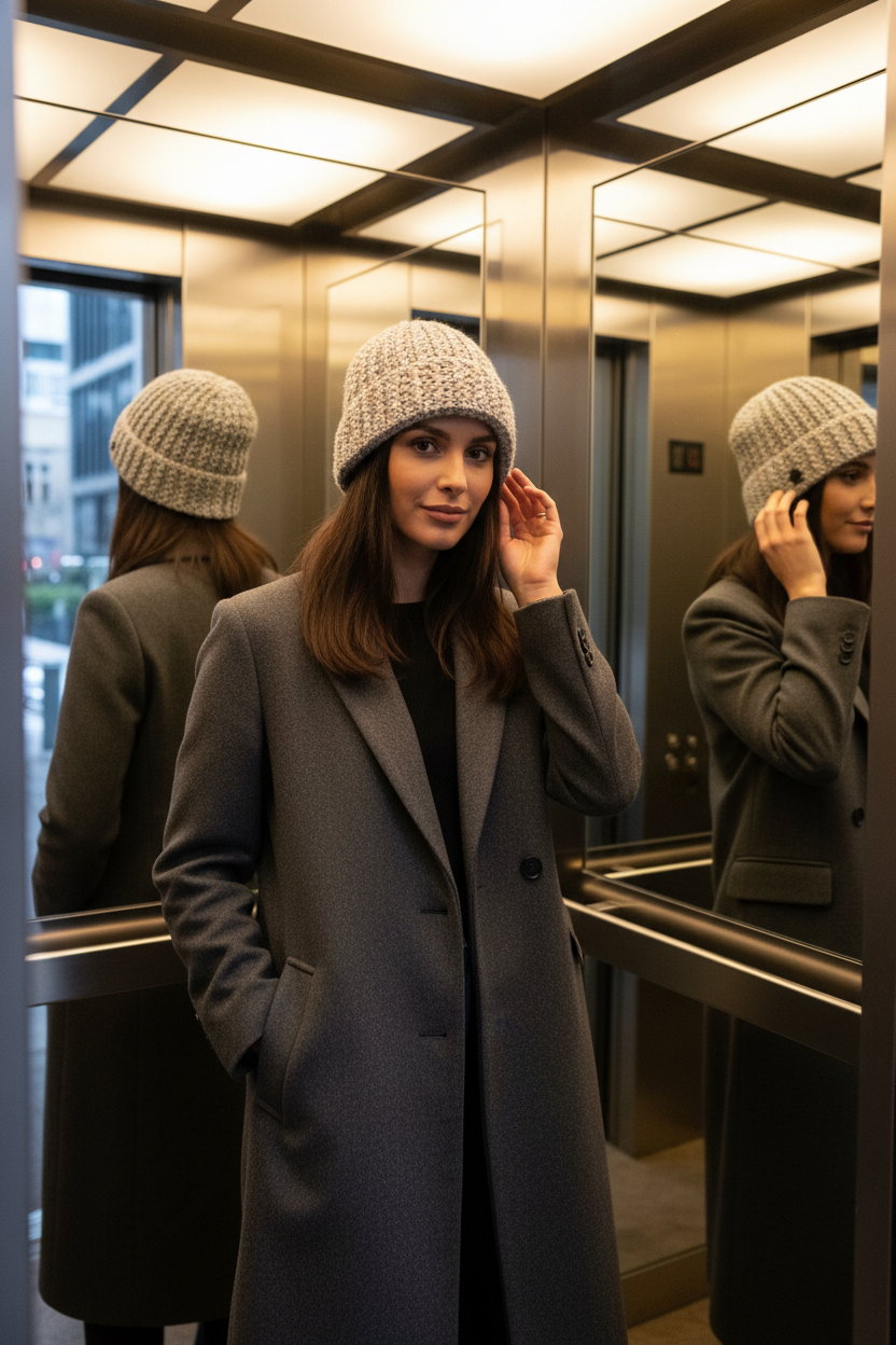 Woman adjusting a crochet hat in an elevator with reflections on the mirror.