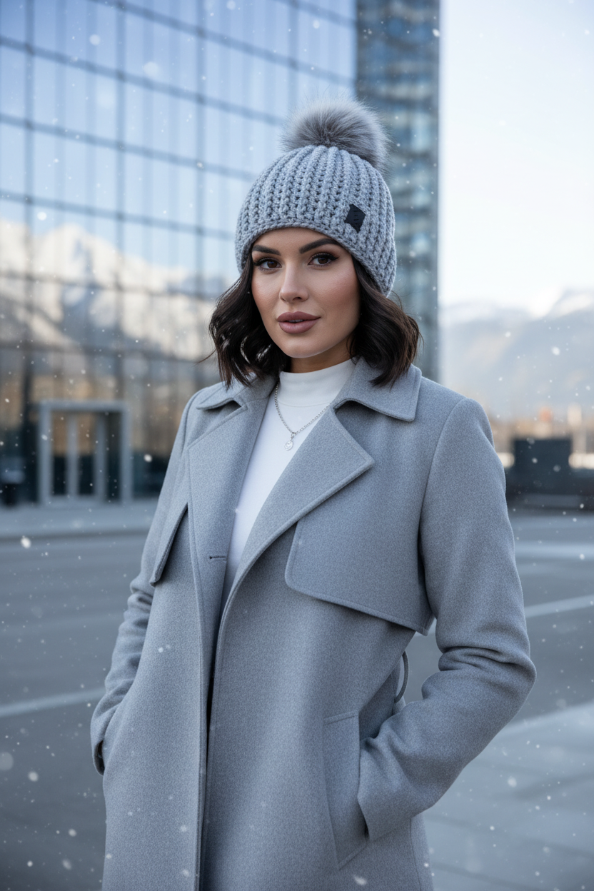 Silver Drift ribbed crochet beanie featured in cold climate winter lifestyle scene