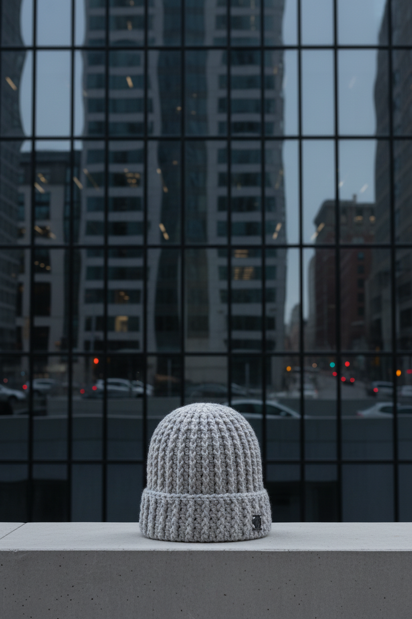 Gray crochet beanie on a ledge with cityscape reflection in glass panels