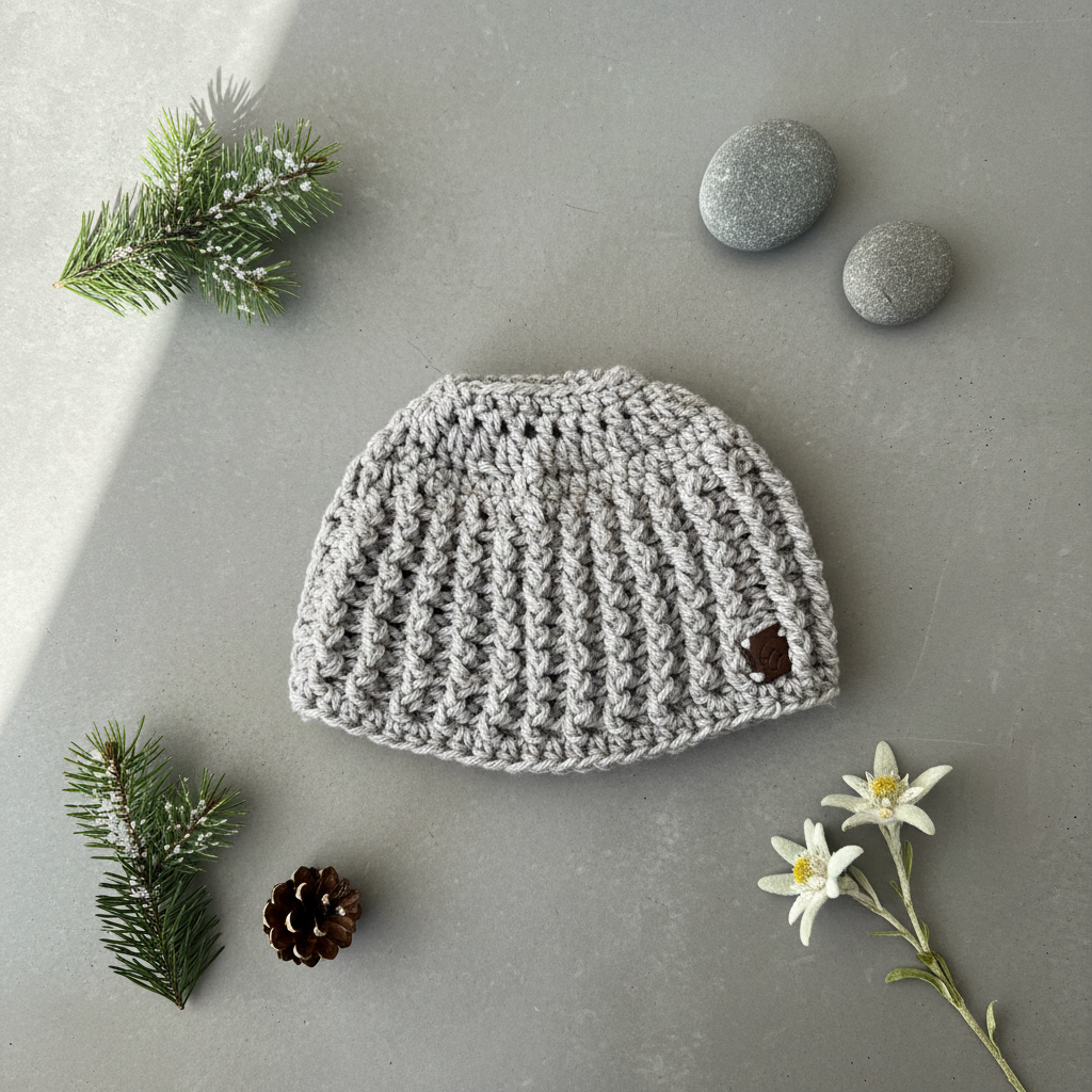 Silver Passage light gray ribbed open-tail messy bun crochet beanie styled flat lay highlighting winter-ready construction
