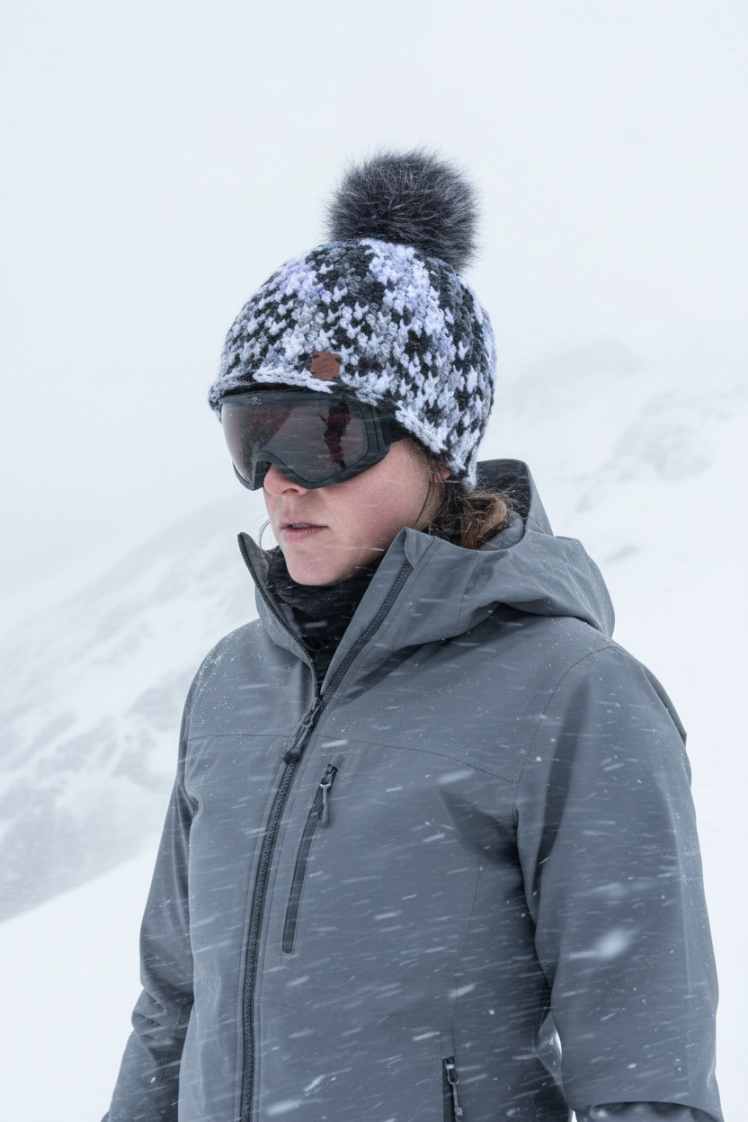 Snow Leopard ribbed crochet beanie with black pom worn by a cold model in ski goggles on a mound of snow