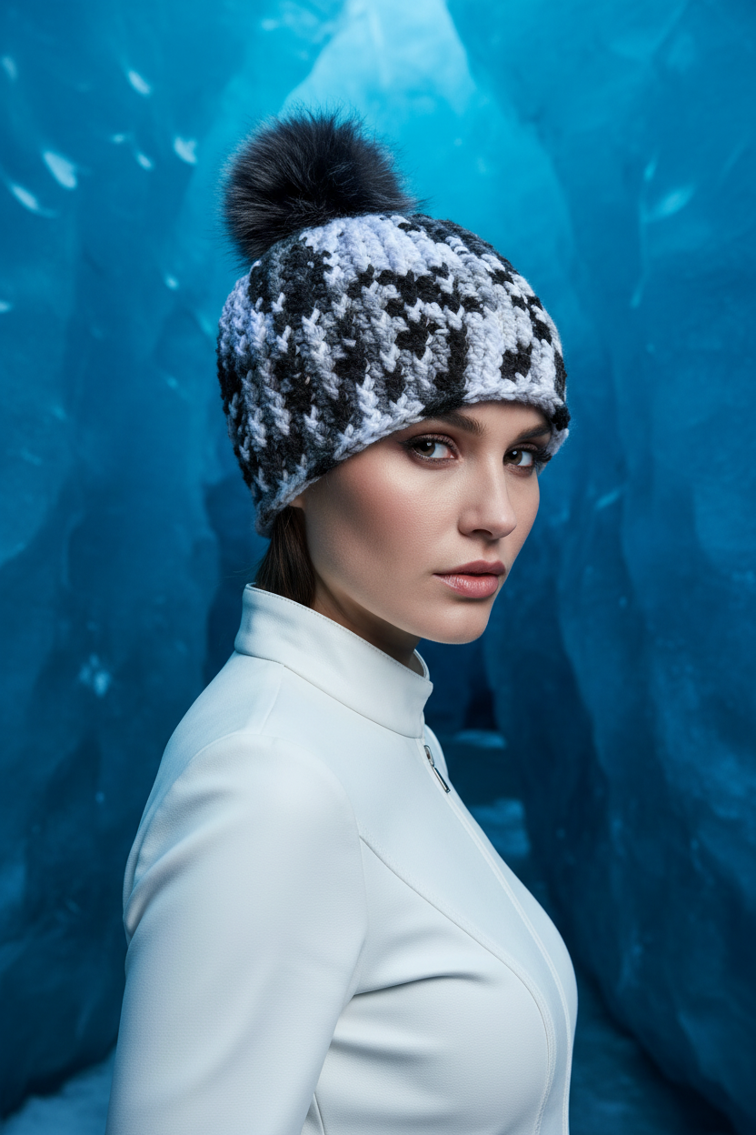 Snow Leopard ribbed crochet beanie on models head in white shirt in a blue ice cave