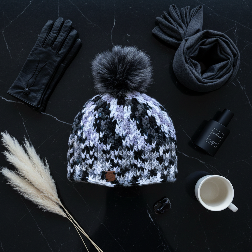 Snow Leopard Ribbed Crochet beanie with pom in black and white on black marble with a plume of wheat, black gloves and a coffee cup