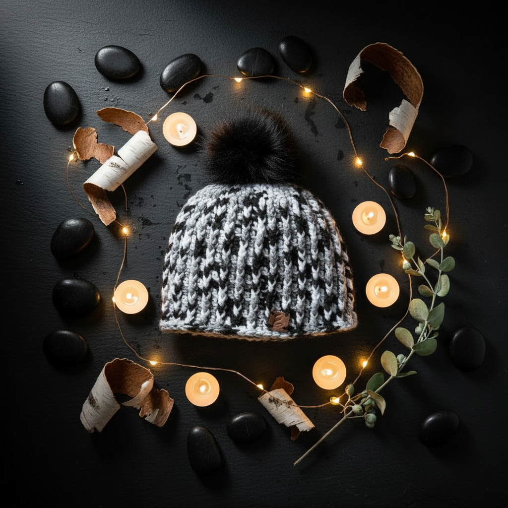 Snowdrift Ink ribbed crochet beanie styled in winter setting with soft ambient lighting