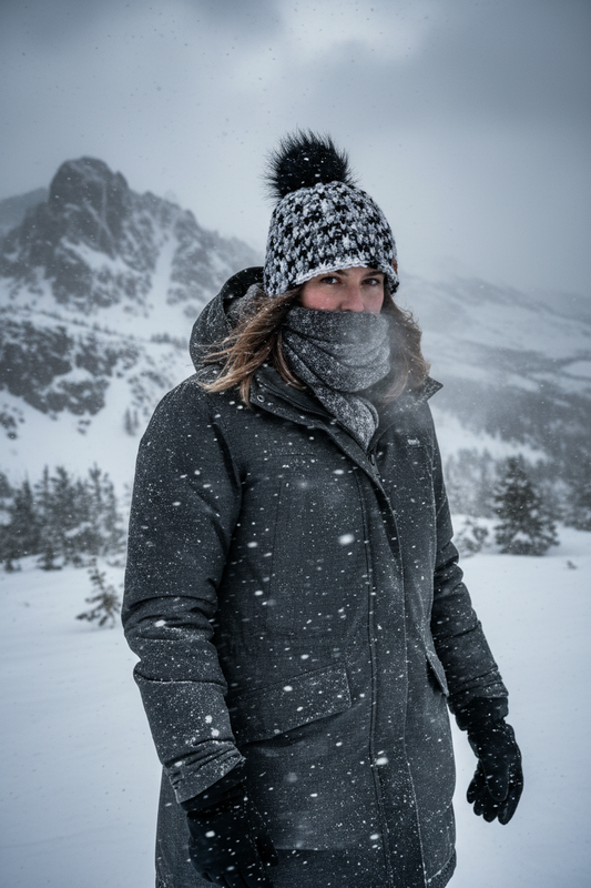 Snowdrift Ink ribbed crochet beanie worn in active winter snowfall conditions