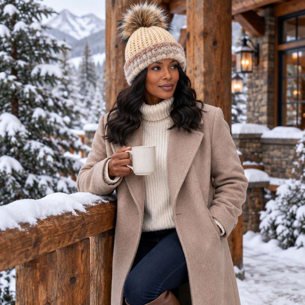 Woman wearing Soft Threat™ on a snowy mountain lodge porch while holding a coffee mug.