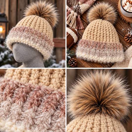 Soft Threat™ shown on a gray felt mannequin with flat lay, fuzzy brim and oversized faux-fur pom details.