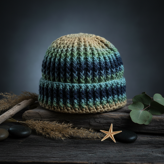 crochet beanie with gradient colors on a wooden surface with natural elements