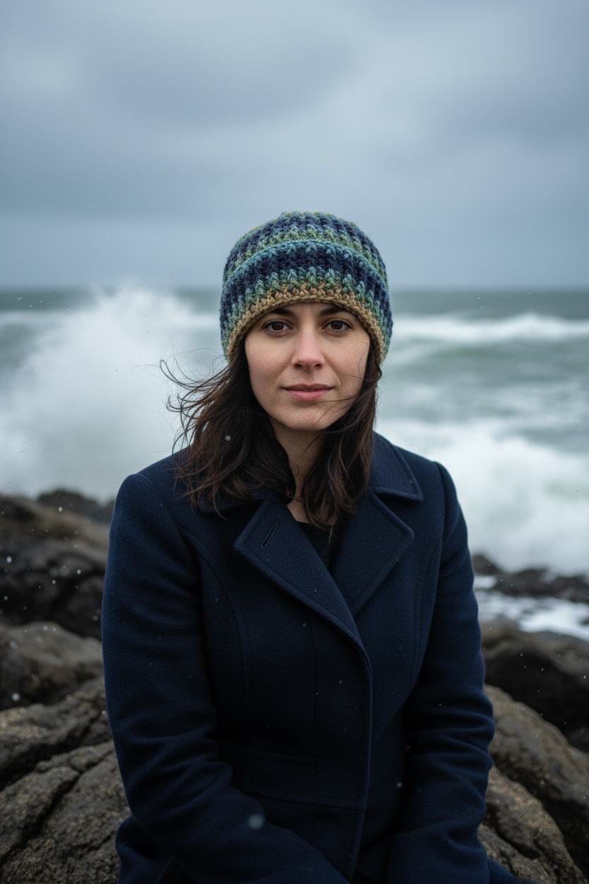Woman wearing a striped beanie and dark coat standing on rocky shores with ocean waves in the background