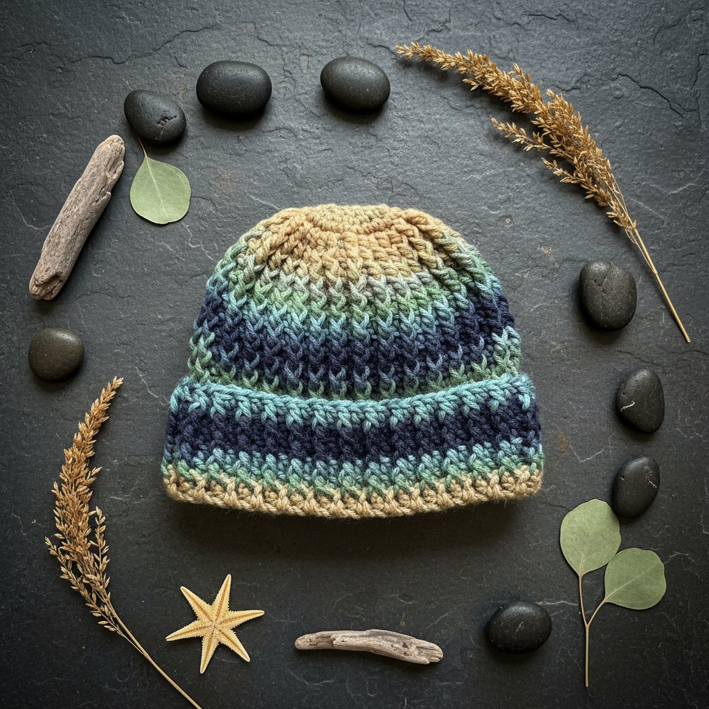 ribbed crochet beanie worn in Styled Flat Lay of Storm line classic rib with brim on dark stone with sea rocks and whear