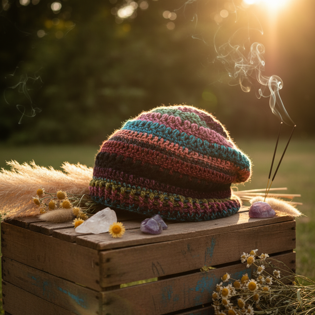 A crocheted slouchy beanie hat with horizontal stripes in teal, pink, brown, and green, resting on a rustic wooden crate outdoors with dried flowers, crystals, and incense sticks in a warm, backlit setting.