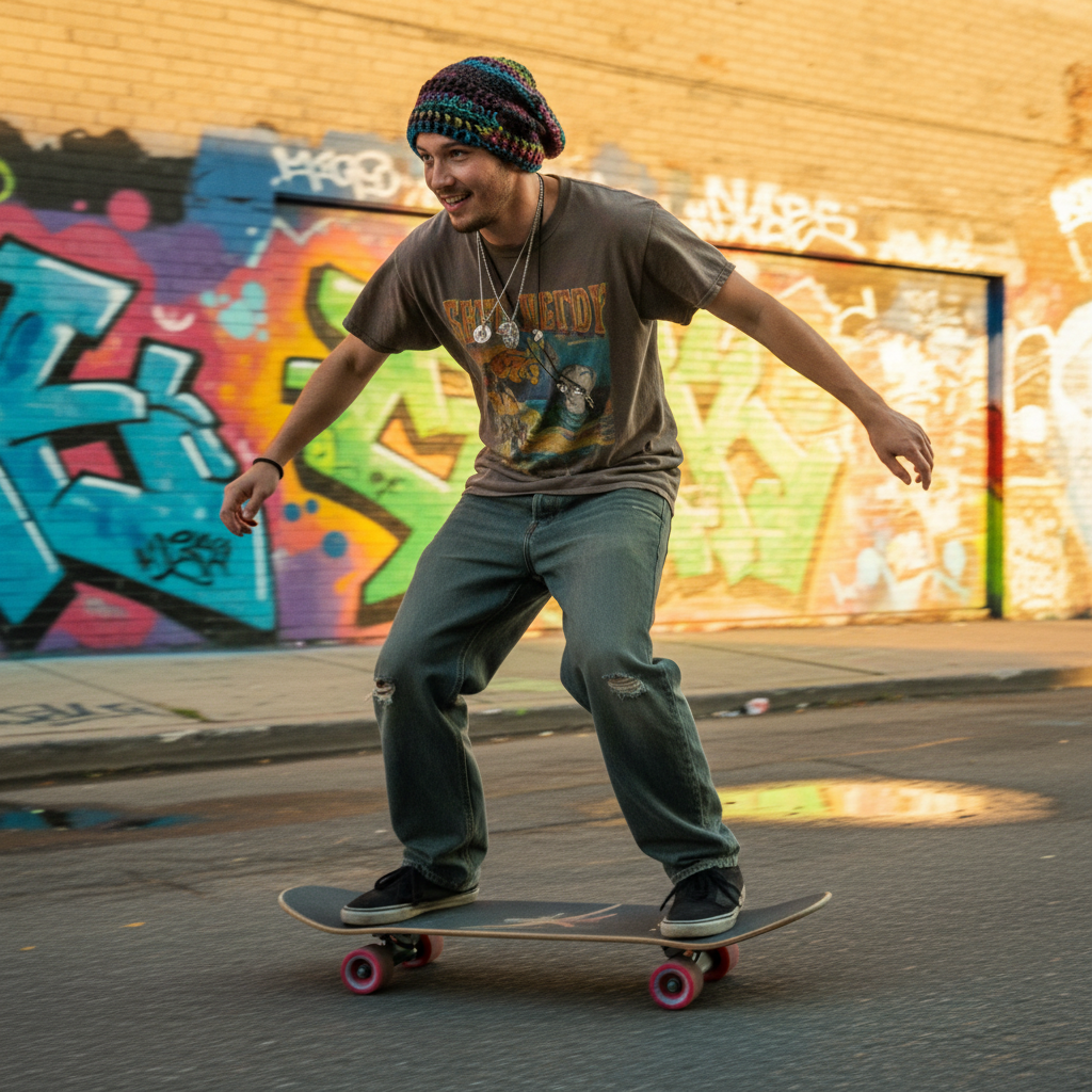 A man riding a skateboard on an urban street in front of a graffiti-covered brick wall. He is wearing a multicolor crochet beanie, a brown graphic t-shirt, ripped blue jeans, and black sneakers with pink wheels.