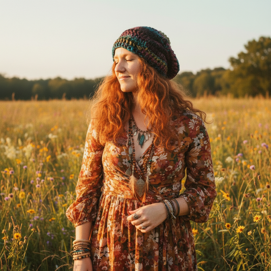 A woman with long red hair stands in a sunlit wildflower field wearing a multicolored crochet beanie, a rust-toned floral long-sleeve dress, layered necklaces, and bracelets.