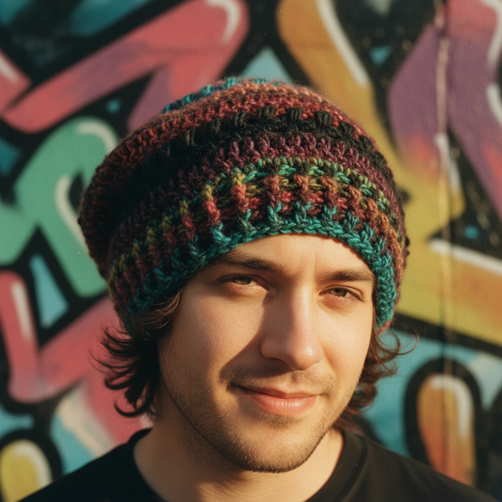 A man wearing a hand-crocheted crochet beanie hat with a multicolor pattern of teal, burgundy, and black, set against a colorful graffiti wall.