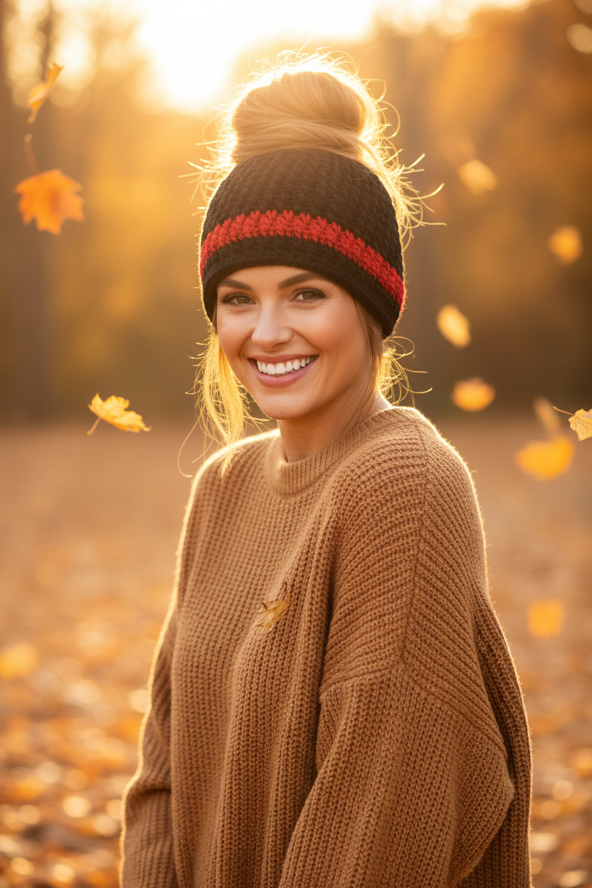A smiling woman outdoors in autumn, wearing a brown crochet beanie with a red stripe and a chunky brown sweater, with falling leaves and a warm golden sunset background.