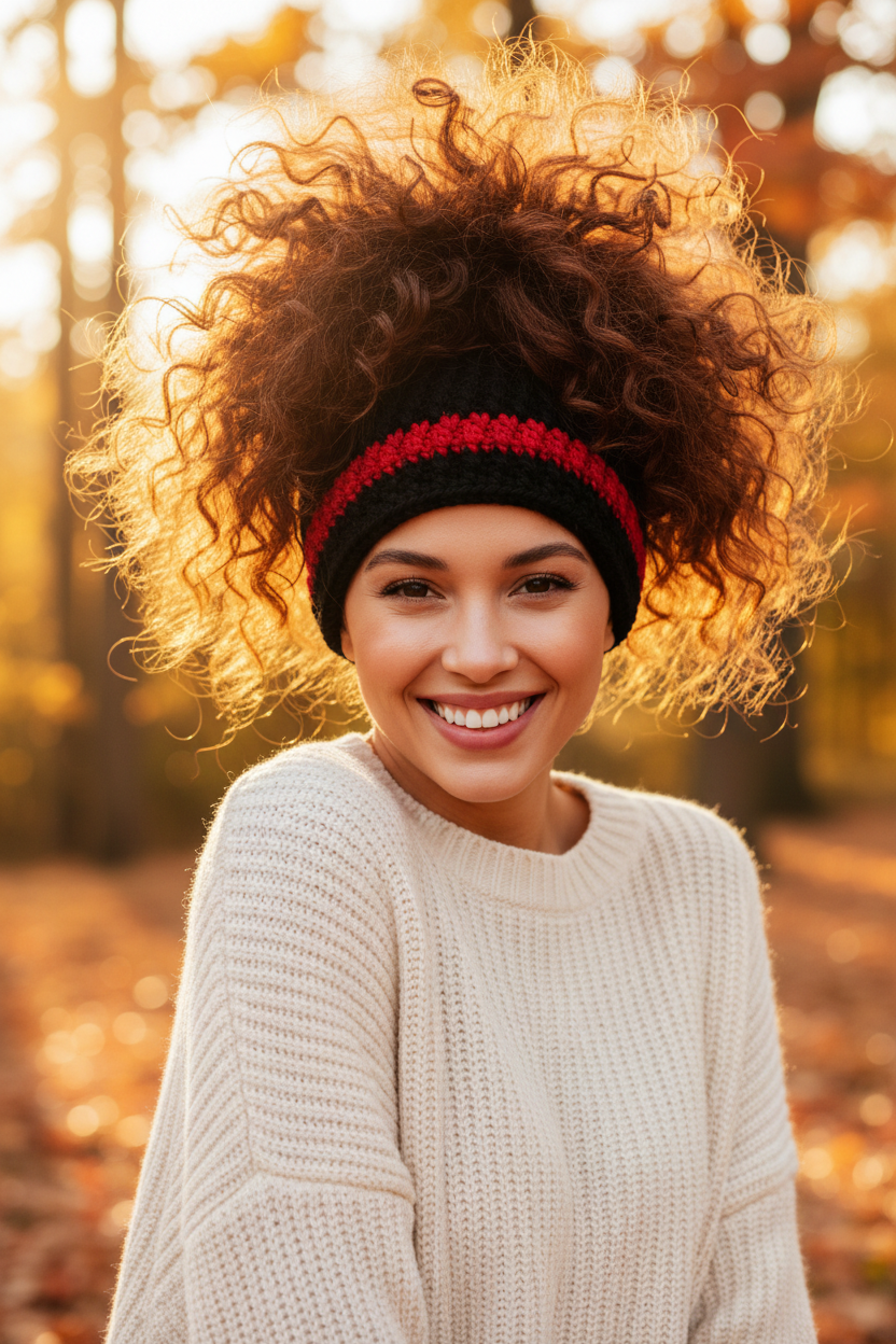 Woman wearing Thin Red Line OpenTail™ black and red crochet ponytail beanie with curly hair pulled through the top opening