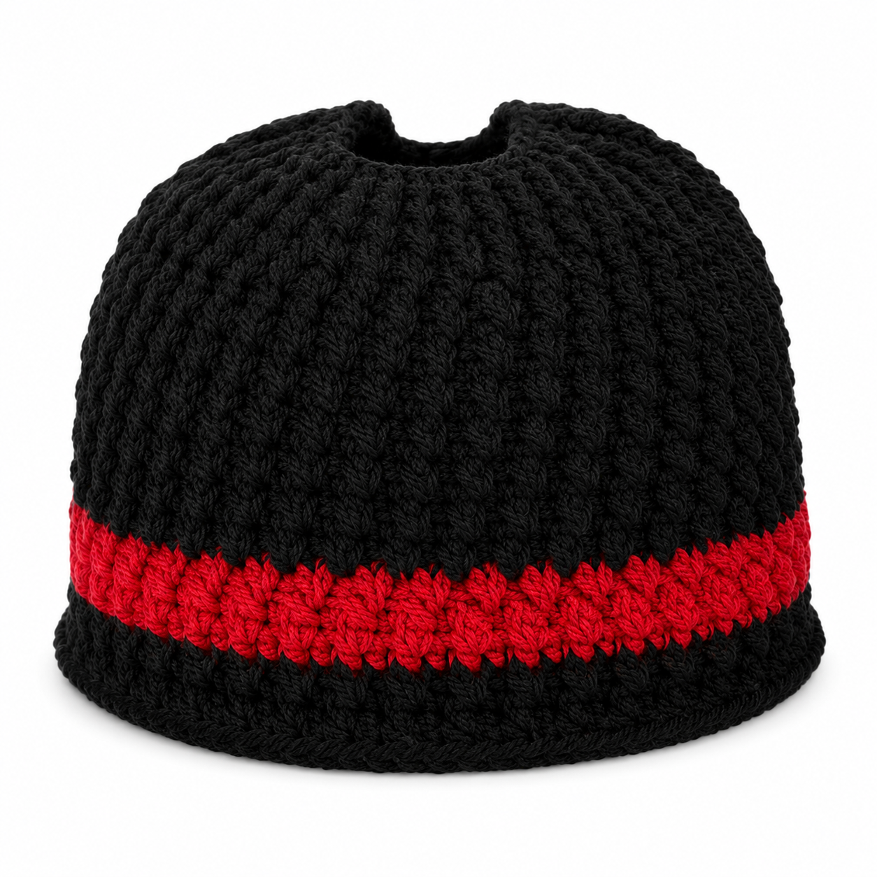 A black crocheted beanie hat featuring a wide red horizontal stripe around the middle, shown against a plain white background.
