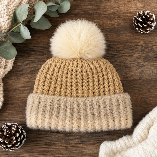 Toasted Cashmere™ camel crochet winter beanie with ThermaCrown™, stitched fuzzy folded brim and oversized ivory faux-fur pom.