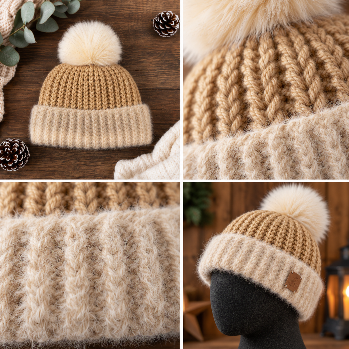 Four-panel product collage of Warm Noggin™ Toasted Cashmere Triple Toasty crochet beanie in camel and ivory, featuring a fluffy ivory pom, fuzzy folded brim, close-up stitch details, and a charcoal felted mannequin head. Normal Noggin fit with Grizzly Bear warmth.