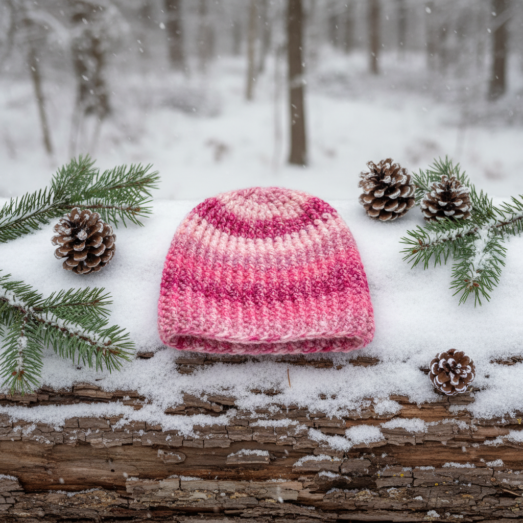 Pink crochet beanie on a snowy log with pine cones and branches
