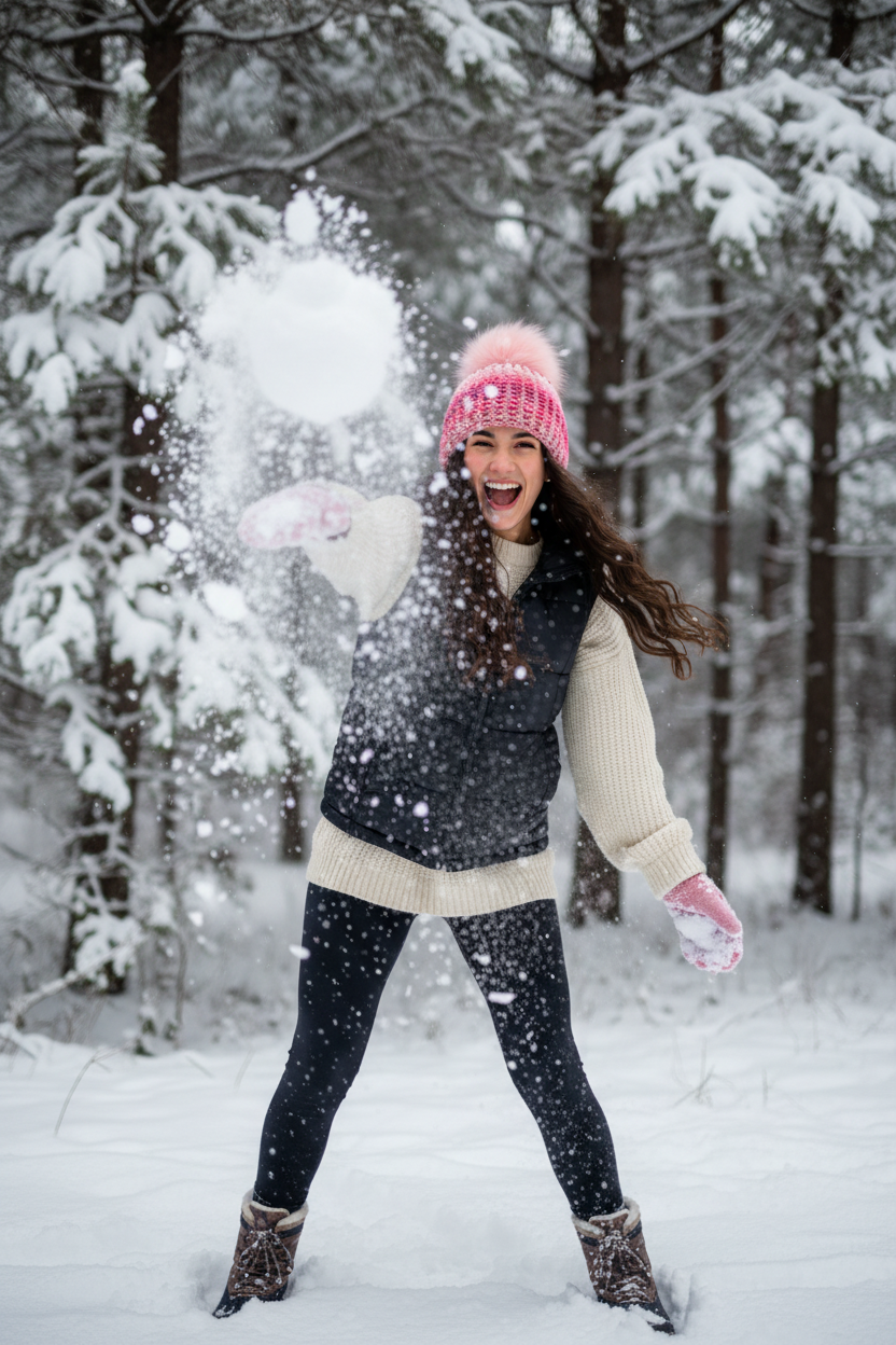 Woman playing in the snow with a pink beanie and black and white outfit.