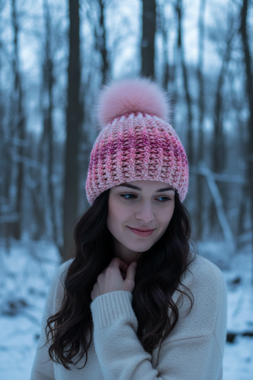 Woman wearing a pink crochet beanie with a pom-pom in a snowy forest