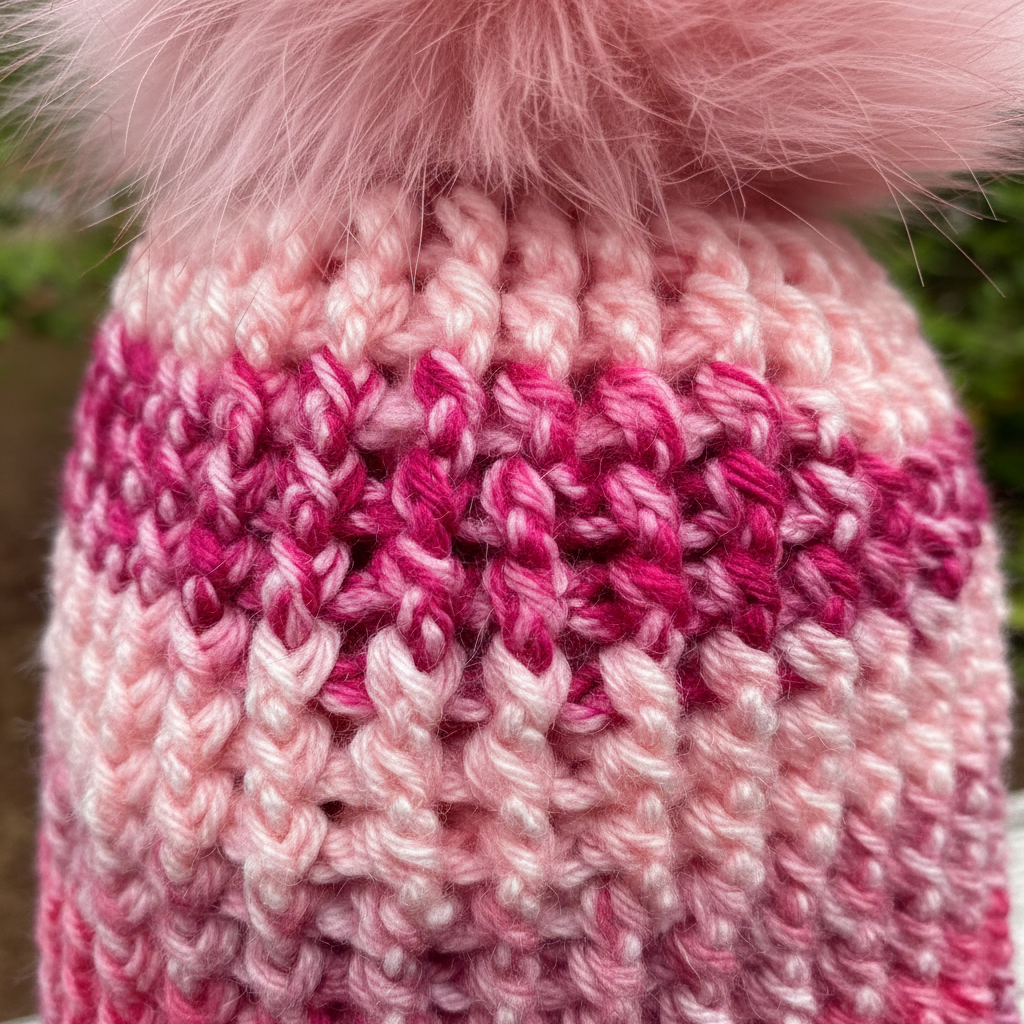 Close-up of a pink and white crocheted hat with a fluffy pom-pom.