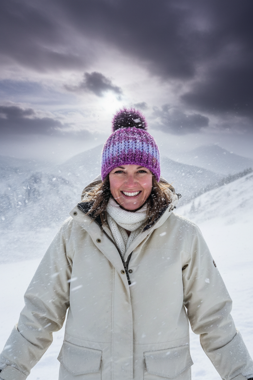 Violet Frost Classic Ribbed Beanie in hues of purple with a dark purple pom in a cold Climate with snow peaks surrounding