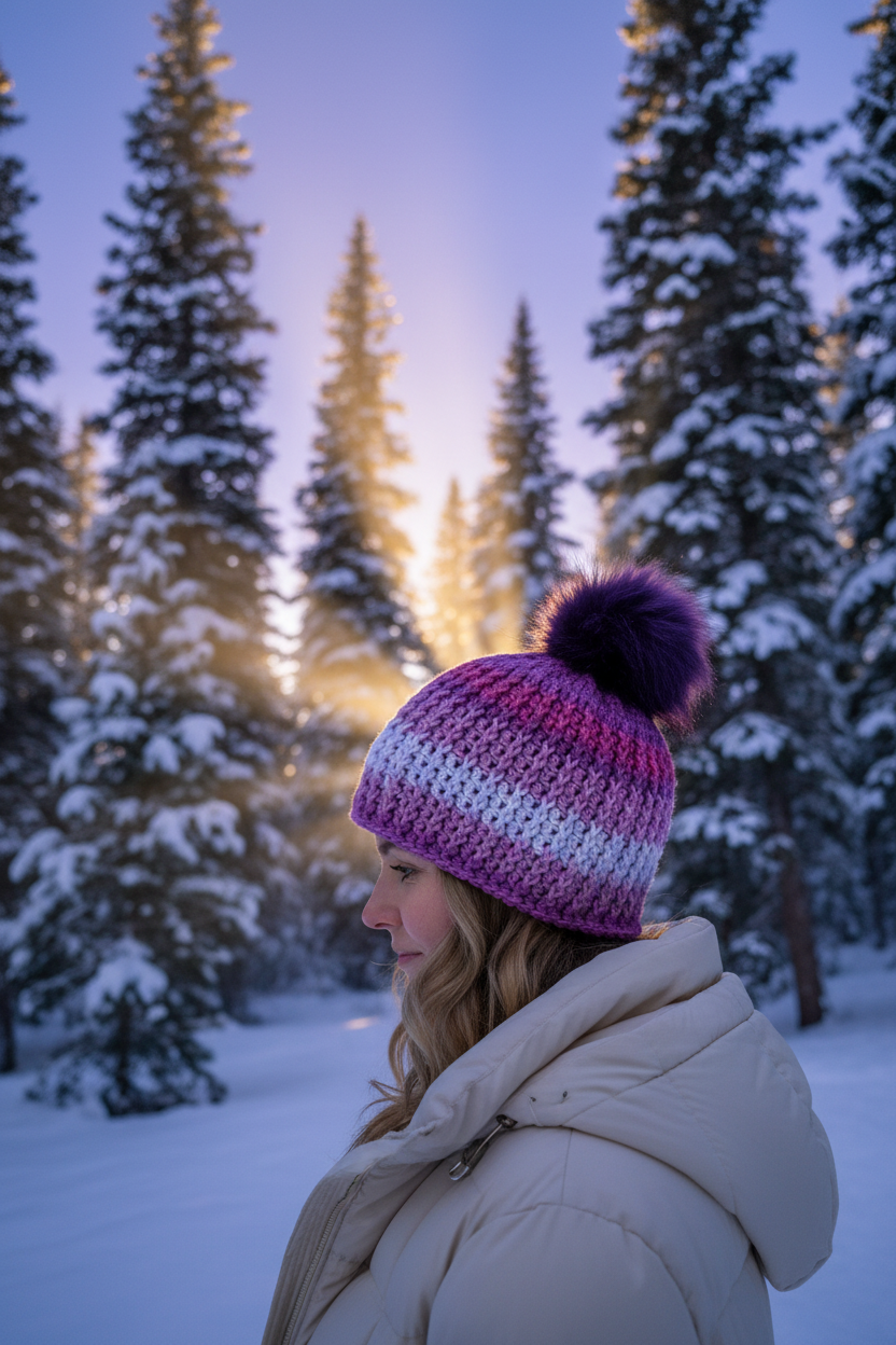 Violet Frost Classic Ribbed Beanie in hues of purple on a model on the woods with sun peeking through the cold evergreens