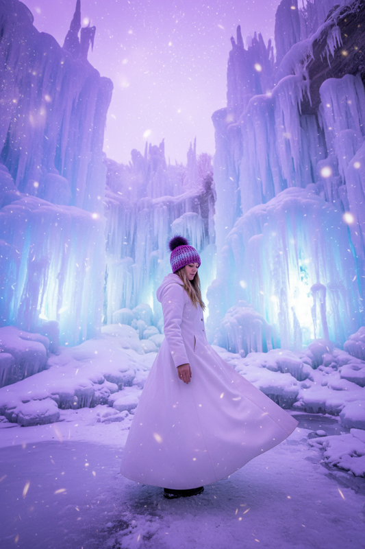 Violet Frost with a dark purple pom in a valley of tall periwinkle crystal walls
