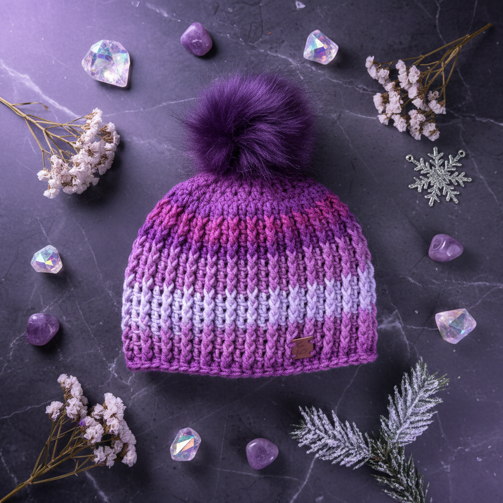 Violet Frost with a dark purple pom on a styled Flat Lay with crystal rocks and pretty twigs from the forest floor