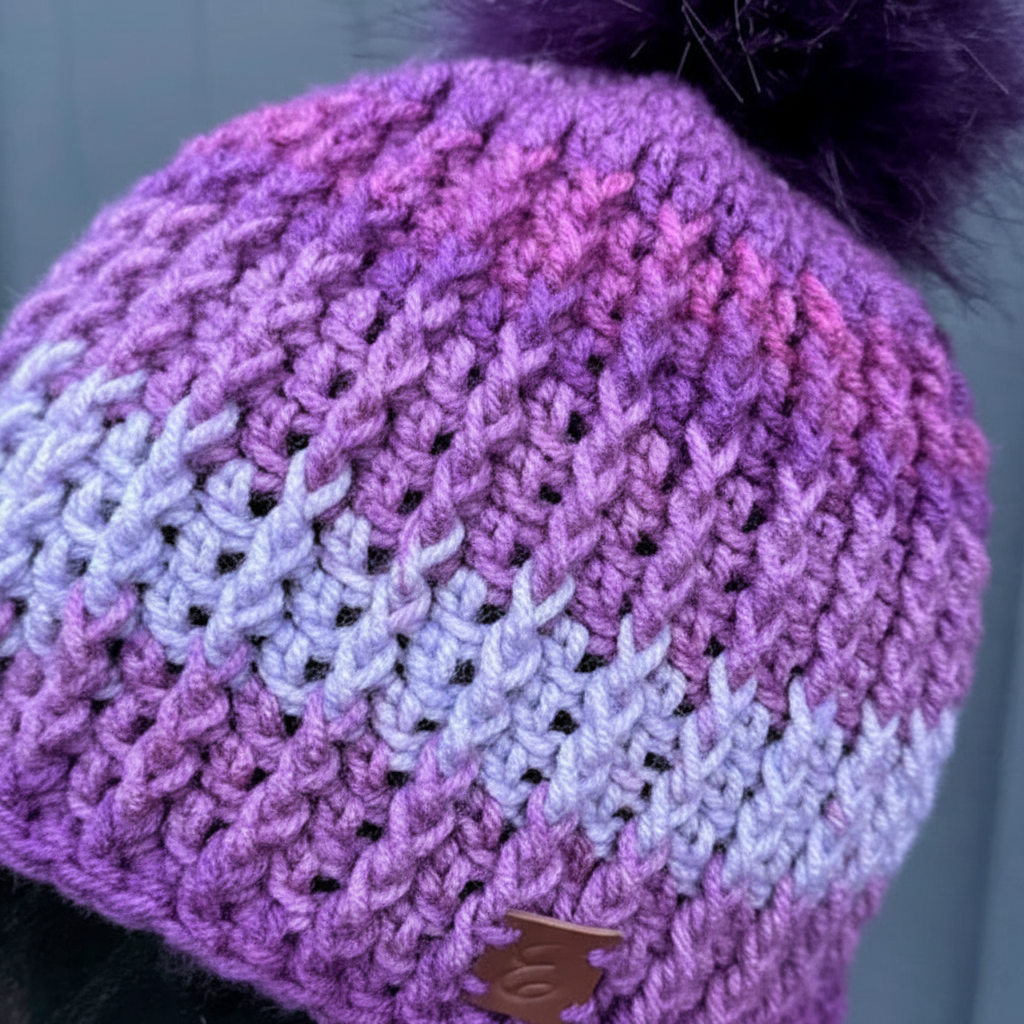 Violet Frost Classic Ribbed Beanie in hues of purple with a dark purple pom against a grey wood panel wall close up of stitch Texture