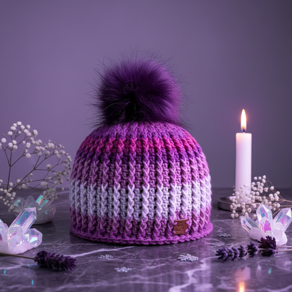 Violet Frost Classic Ribbed Beanie in hues of purple with a dark purple pom in a styled Still-Life on purple marble adorned with candle and flowers