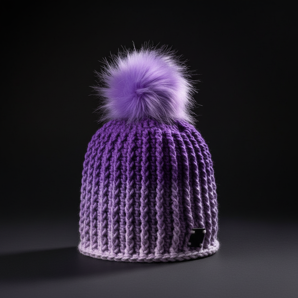 Purple crochet beanie with a fluffy pom-pom on a black background