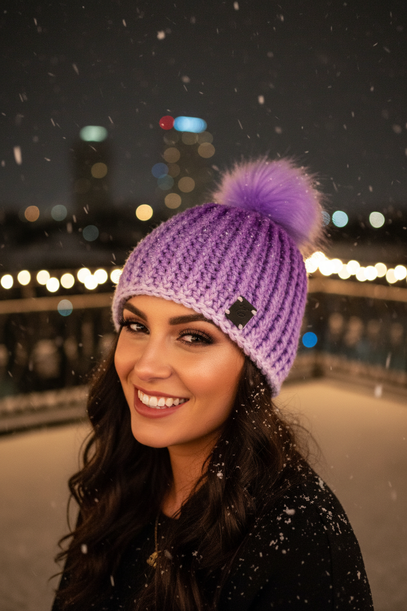 Woman wearing a purple crochet hat with a pom-pom in a snowy outdoor setting.