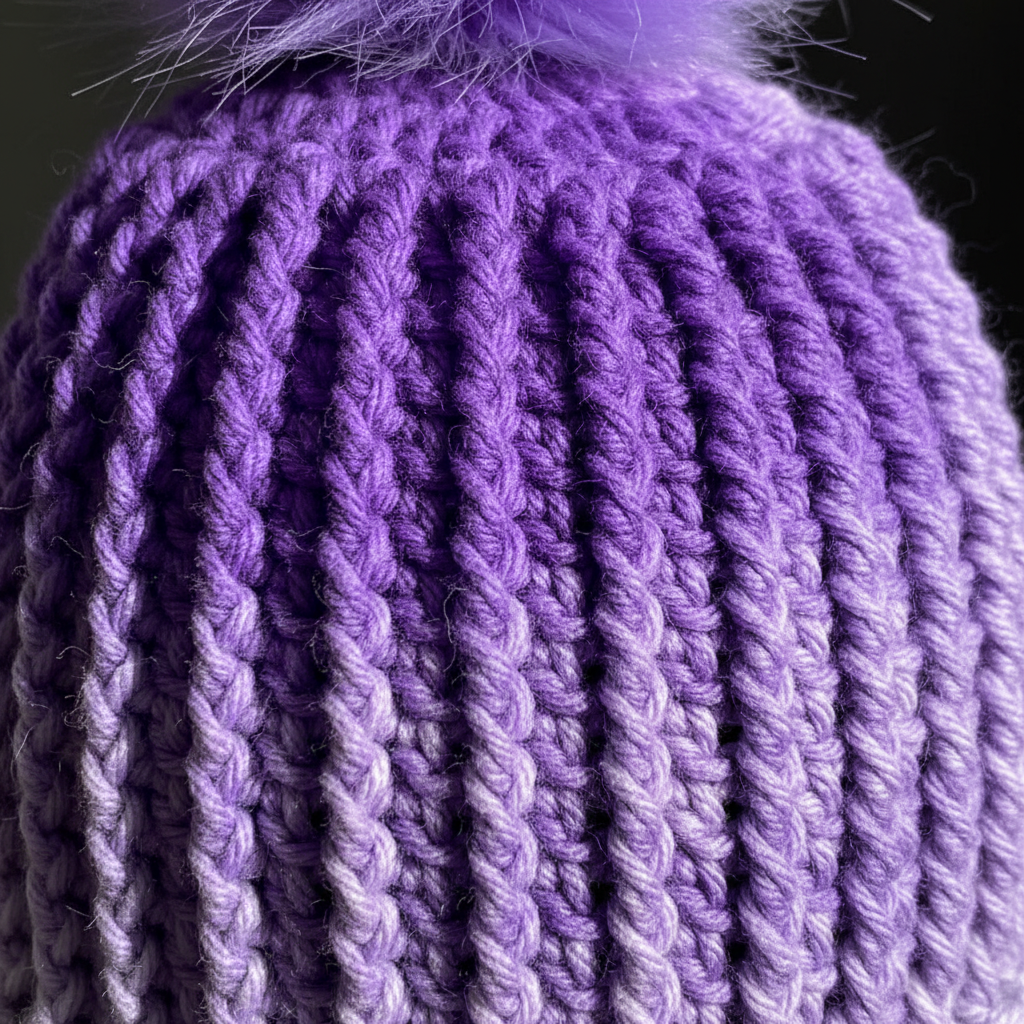 Close-up of a purple crochet beanie with a fluffy pom-pom on a black background