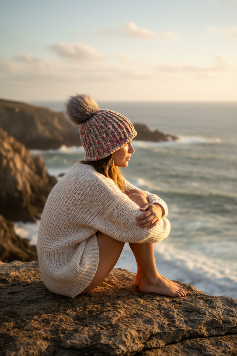 Multicolor crochet beanie with pom in sage, rose, and pink for cold weather wear. Model sitting on coastla cliff