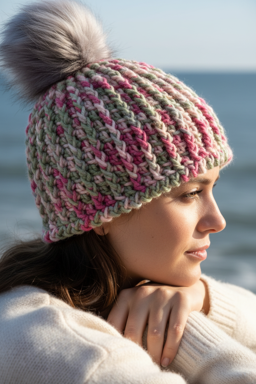 Multicolor crochet beanie with pom in sage, rose, and pink for cold weather winter wear profile overlooking coastal cliffs