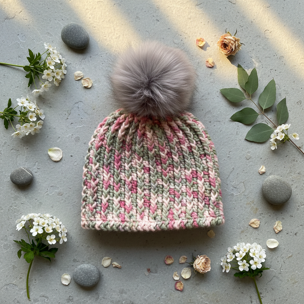 Multicolor crochet beanie with pom in sage, rose, and pink for cold weather winter wear. Stylized Flat with rocks and wildflowers