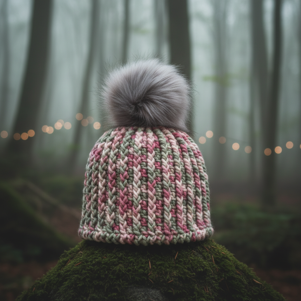 Multicolor crochet beanie with pom in sage, rose, and pink for cold weather winter wear Standalone in smoggy woods off the cliffs