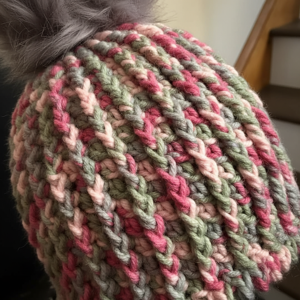 Multicolor crochet beanie with pom in sage, rose, and pink for cold weather winter wear close up of stitch Texture