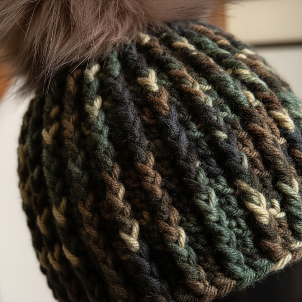 Woodland Shadow Classic Rib with Brim showing model in a snowstorm wearing the substantial camoflague beanie in cold climate showing stitch texture