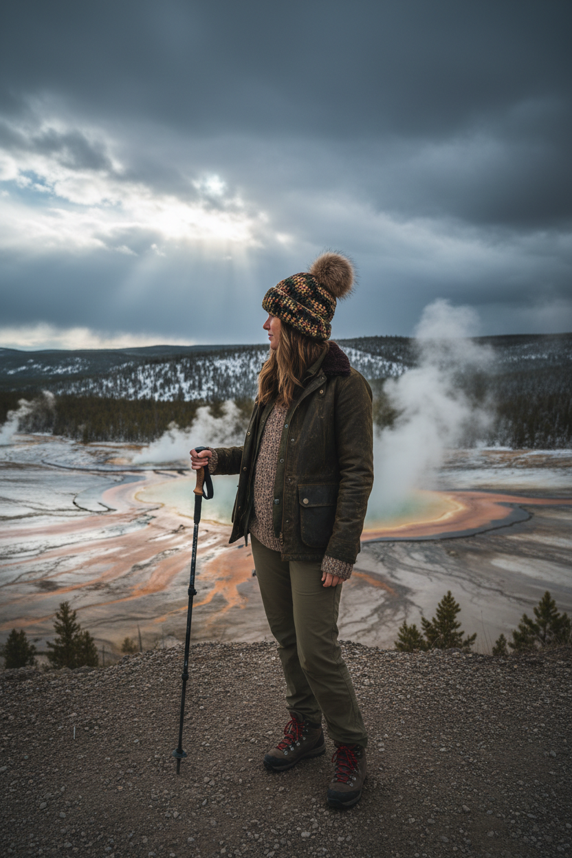 Woodland Shadow Classic Rib with Brim showing a hiking model in wearing the substantial camoflague beanie in cold climate