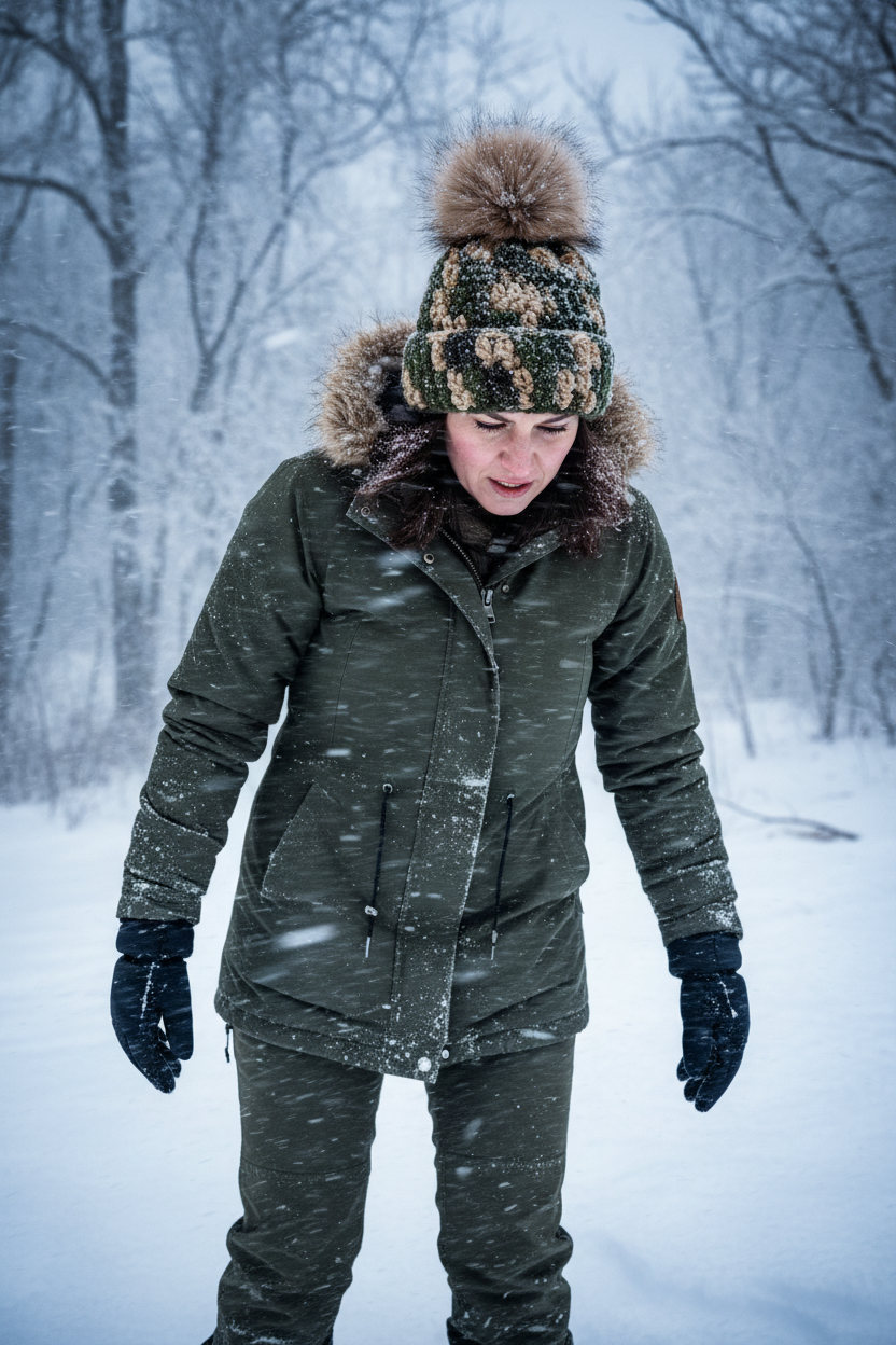 Woodland Shadow Classic Rib with Brim showing model in a snowstorm wearing the substantial camoflague beanie in cold climate
