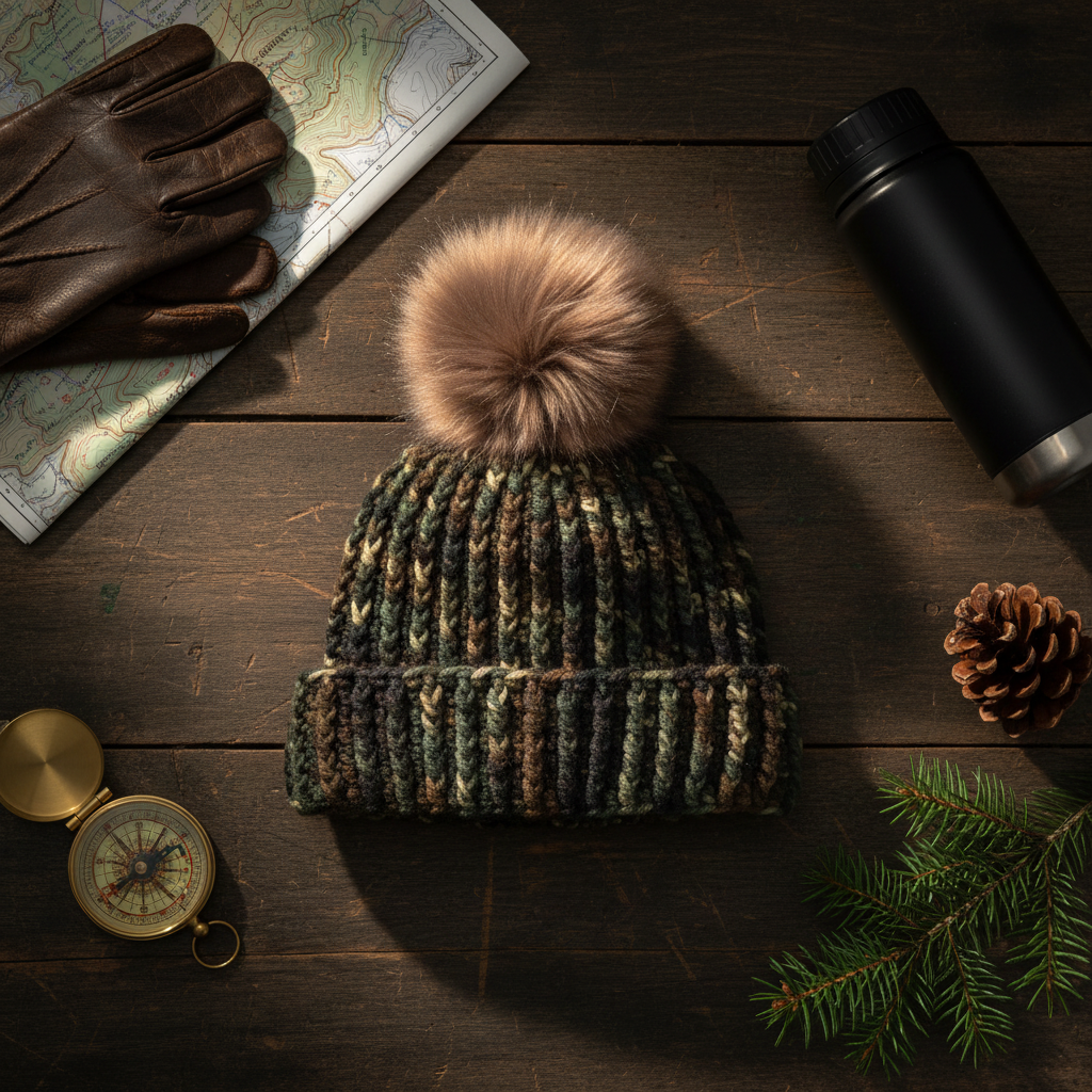 crochet beanie with pom-pom on a wooden surface with gloves, map, thermos, compass, and pine cone.