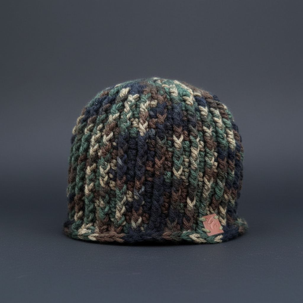 Woodland Shadow Skull Hugger green and brown crochet skull cap by Warm Noggin with structured rib texture and close-fitting design