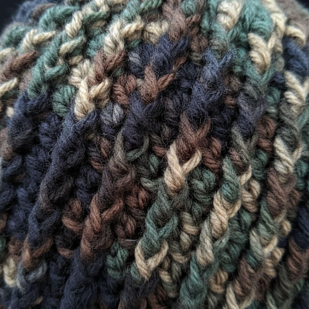 Close-up of a crochet fabric with earthy tones.