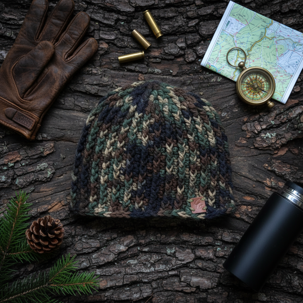 Camouflage beanie with a map, compass, and thermos on a wooden surface