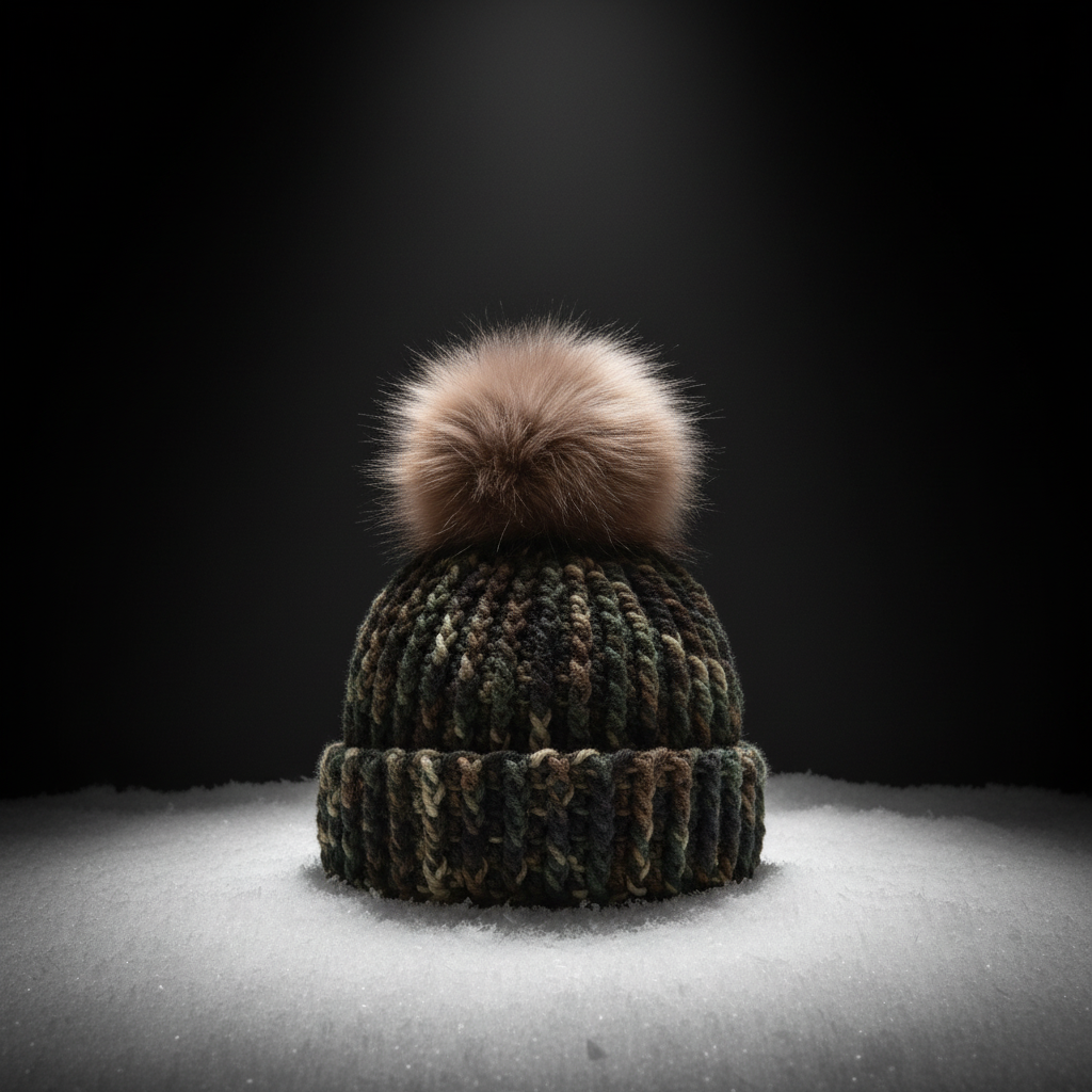 Woodland Shadow Brim Standalone Ribbed crochet beanie in woodland shadow tones with brim and pom pom, designed for cold weather winter wear with a heavy, grounded feel