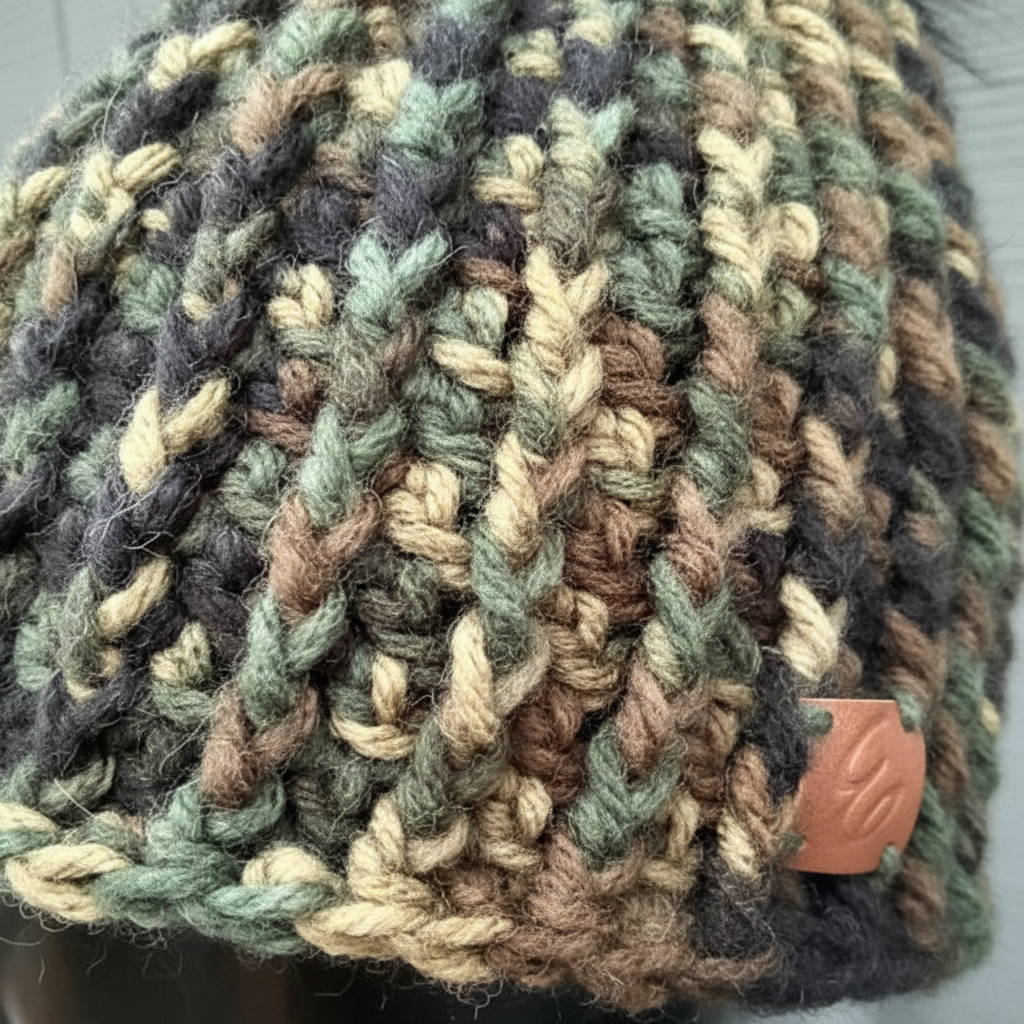 Close up of Woodland Shadow ribbed crochet beanie showing dense cold-weather stitch texture